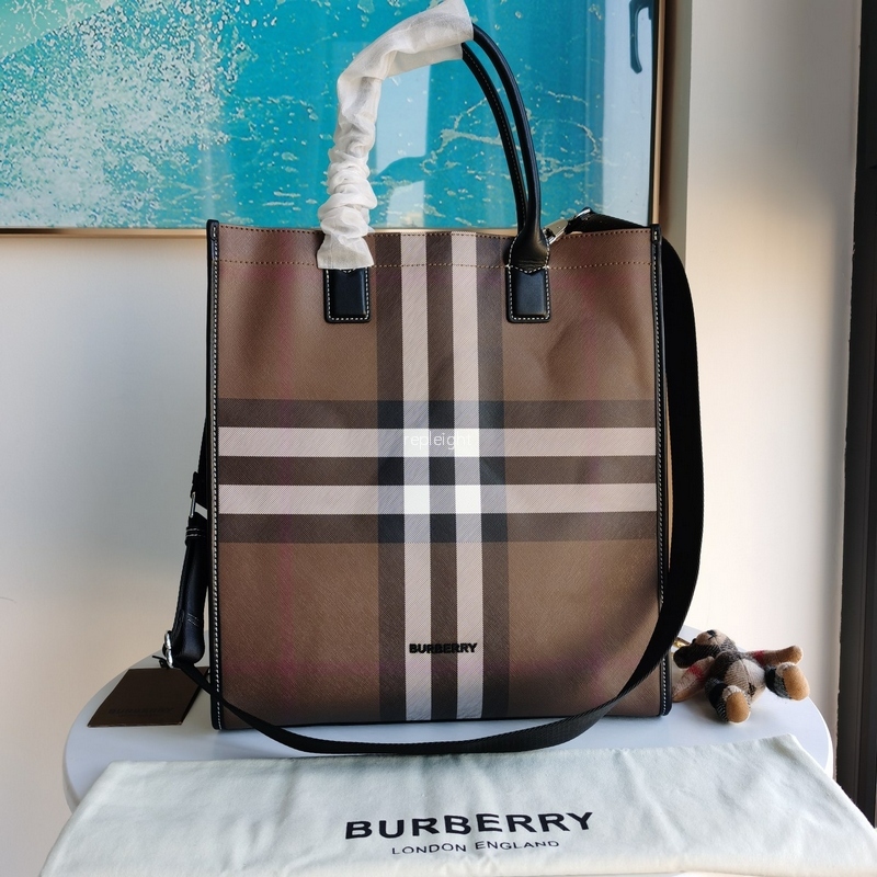 BURBERRY-80491171 버버리 다크 버치 브라운 체크 E-캔버스 레더 토트